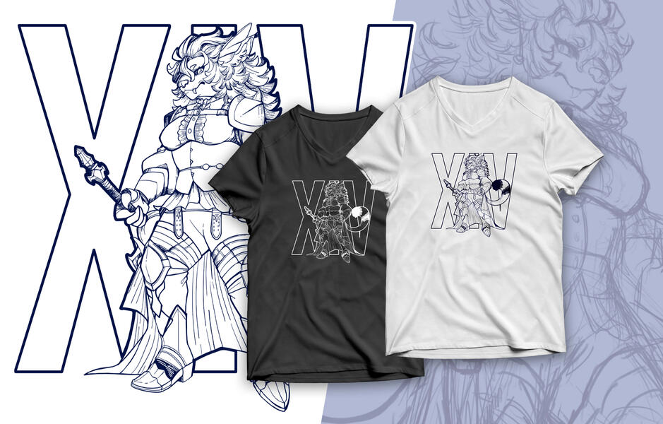 Shirt design I created for myself of my character from the game, &quot;Final Fantasy XIV&quot;. I wanted it the design to be easily placed onto any shirt color, so I created only the lineart and used various shading methods such as hatching to give the design more d