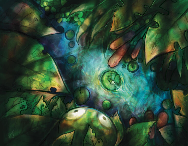 Illustration inspired by one of my favorite games, &quot;The Legend of Zelda, Minish Cap&quot;. I decided to create a top-down/bird&#39;s eye view of the scene and used lighting and other elements in the scene to focus on the main character while hiding a sneaky antagon