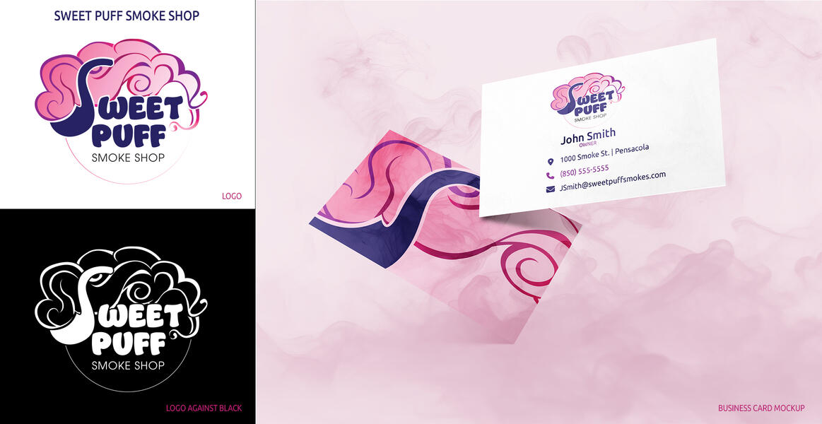A logo and business card design for a local store called Sweet Puff Smoke Shop.