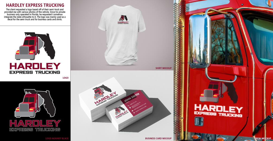 Hardley Express Trucking logo and brand design. The client had taken several images of his red truck and requested that I create a logo that incorporated the state of Florida and his truck together. I decided to have the truck seem like it was coming out o