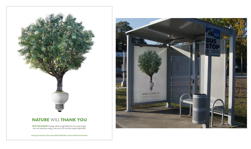 Electricity conservation awareness advertisement to save money and electricity. The poster consists of a stock photo of a lightbulb edited with a photo that I took of a tree in my parents&#39; front yard.