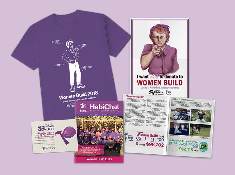 Marketing materials and newsletter design for Pensacola Habitat for Humanity. I used the classic Uncle Sam army recruitment poster as my inspiration for the fundraising poster and illustrated Rosie the Riveter since Rosie was the mascot for the volunteers.