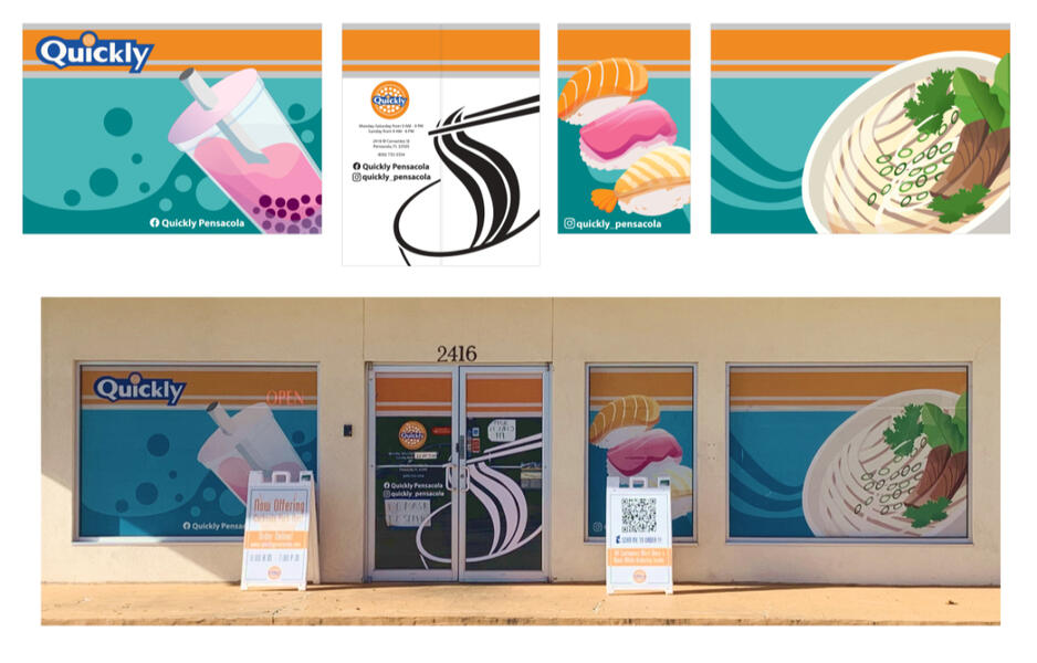 Window perforations I designed for the local Quickly&#39;s restaurant in Pensacola. The client requested the window perforations be &#39;family friendly&#39; and that the orange and gray bar stayed on top.